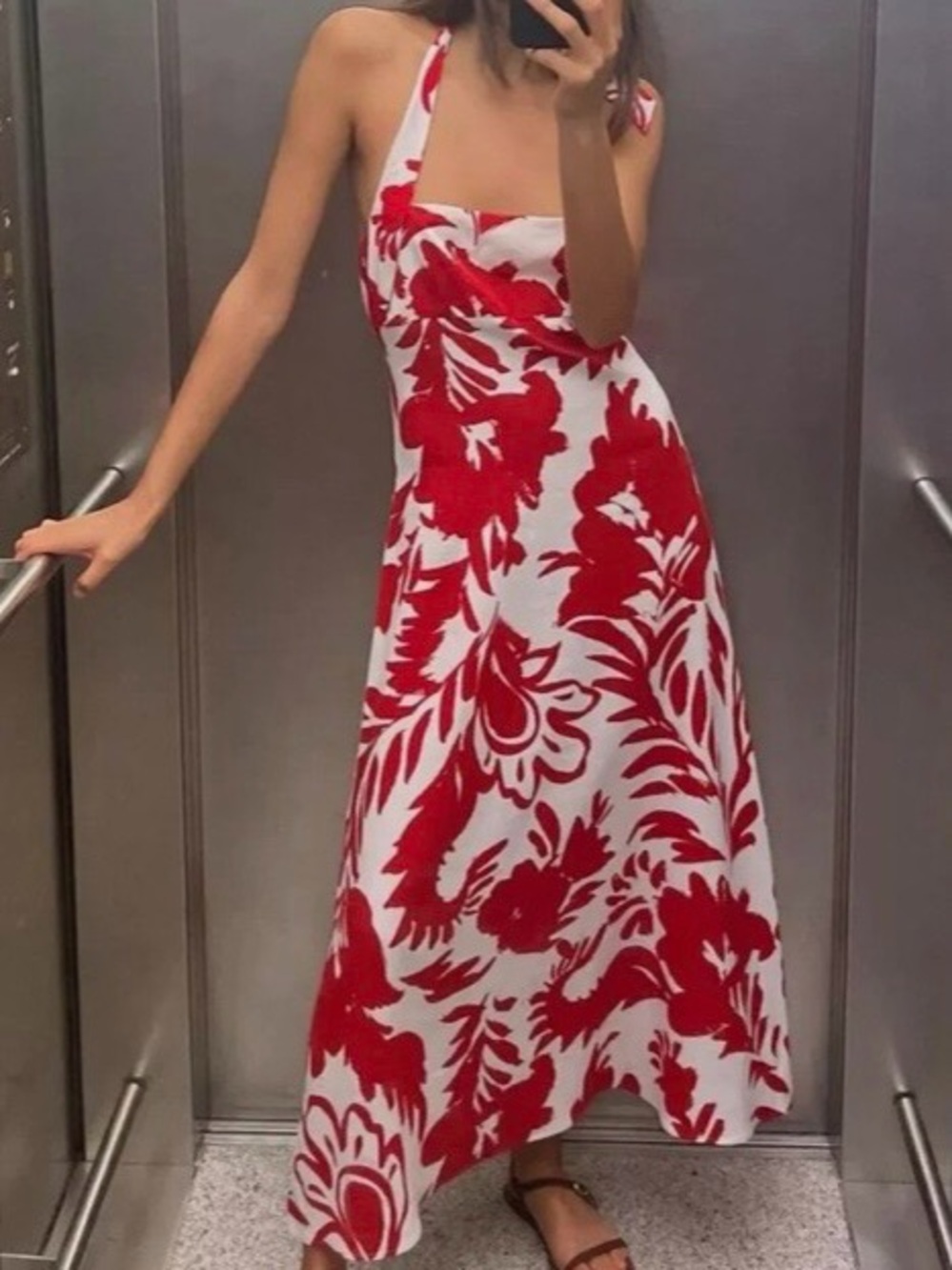 ZARA LIKE NEW MIDI PRINTED LINEN BLEND DRESS WHITE RED